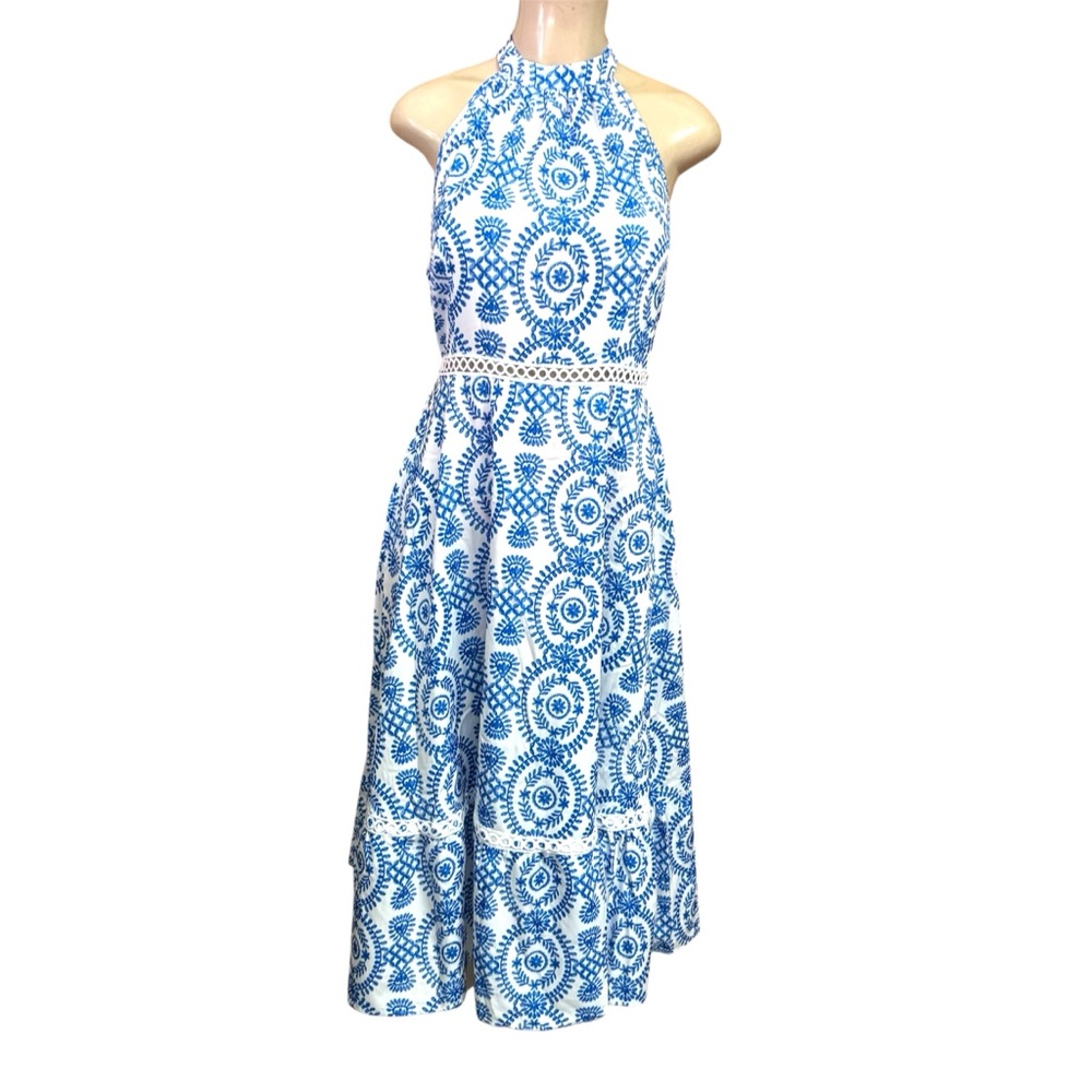 Blue & White Ornate Halterneck Sleeveless Midi Dress Size M - Picture 3 of 10